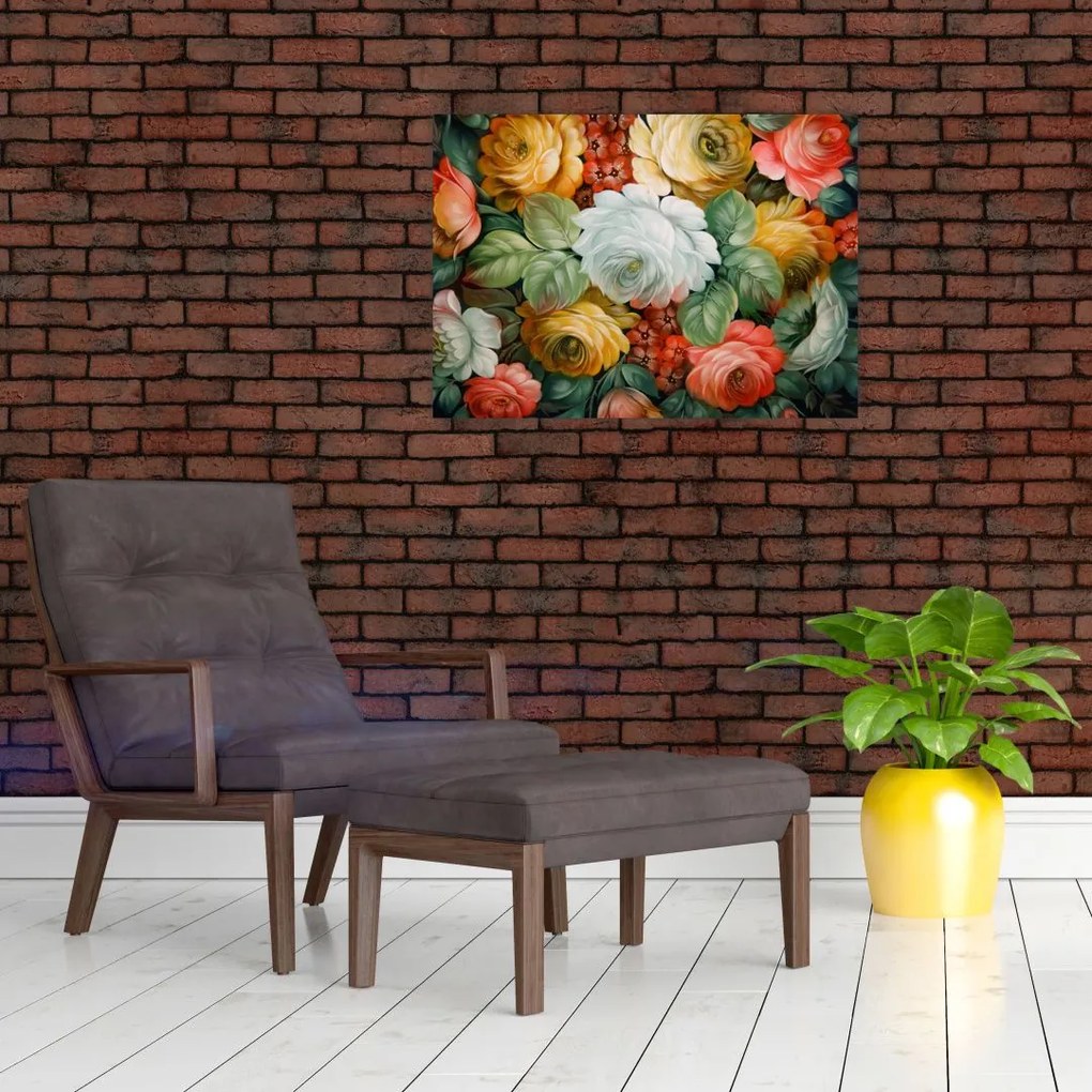 Tablou pe sticlă cu buchet pictat de flori (70x50 cm)