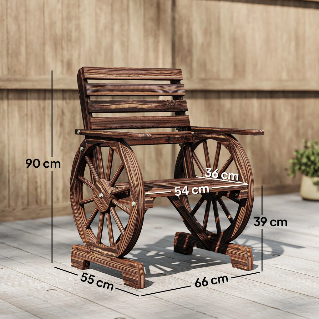 Outsunny Bancă de Grădină din Lemn cu Șipci 1 Loc, Scaun de Exterior cu Cotiere și Roată, Fotoliu Masiv, Șezut Spațios, Spătar Înclinat, Grădină, Curte, Verandă, Carbonizat | Aosom Romania