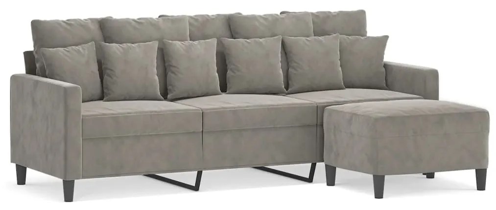 Canapea cu 3 locuri si taburet, gri deschis, 180 cm, catifea Gri deschis, 198 x 77 x 80 cm