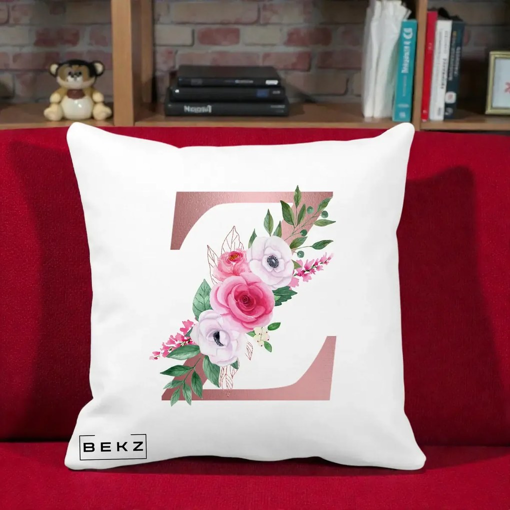 Cadou Personalizat - Perna Personalizata Monograma Rose Gold Litera Z, 40x40 cm, Alba Mata, Husa Detasabila, Perna Inclusa, BEKZ®