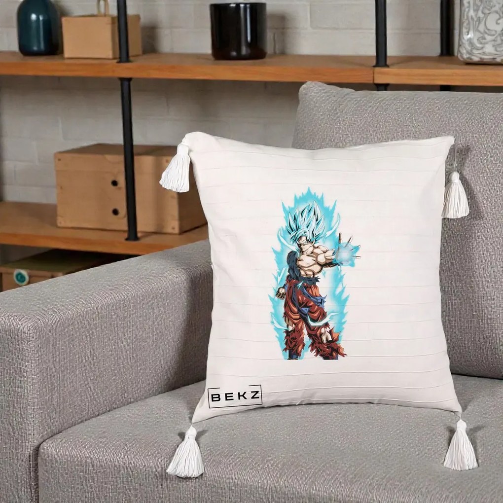 Perna Personalizata Dragon Ball Goku Ultra Instinct Blue, 40x40 cm, Bej cu Franjuri, Husa Detasabila, Perna Inclusa, BEKZ®