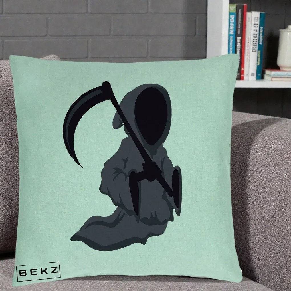 Perna Decorativa Moartea cu Coasa Grim Reaper Halloween, 40x40 cm, Verde Menta, Husa Detasabila, Perna Inclusa, BEKZ®