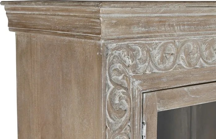 Vitrină sculptată manual din lemn masiv de mango, finisaj décapé alb, 2 uși vitrate, 3 rafturi, 120×44×210 cm, „Jaipur"