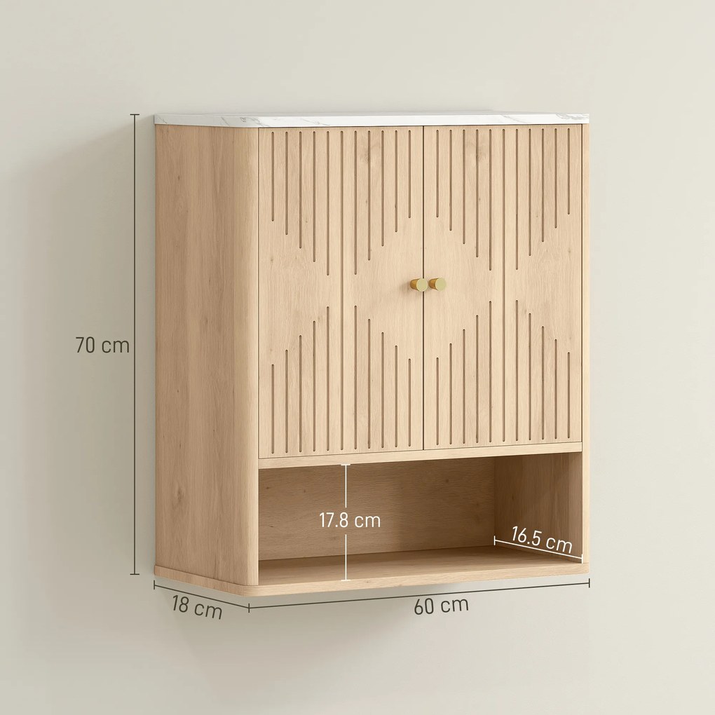 HOMCOM Dulap de Baie de Perete cu Raft Deschis și Uși Decorate Stejar | Aosom Romania