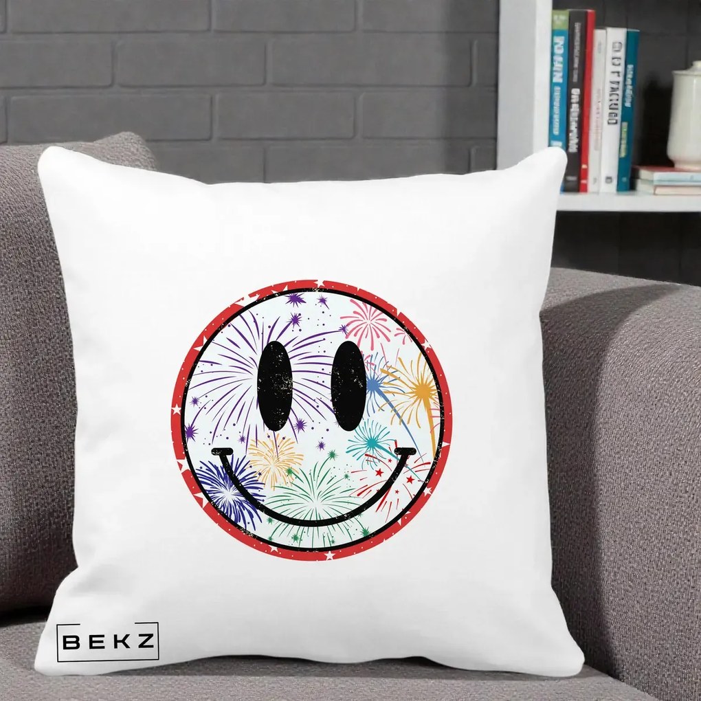 Perna Decorativa Smiley Face cu Artificii Multicolore, 40x40 cm, Alba Mata, Husa Detasabila, Perna Inclusa, BEKZ®