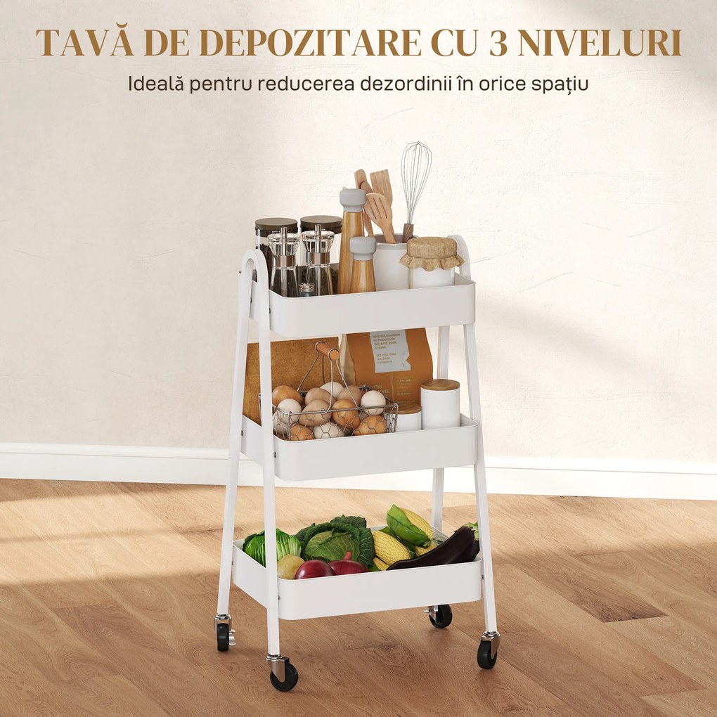 HOMCOM Cărucior de Bucătărie cu 3 Niveluri, Roți Pivotante, Mânere și Frâne, 42,4x29,8x74,5 cm, Alb | Aosom Romania