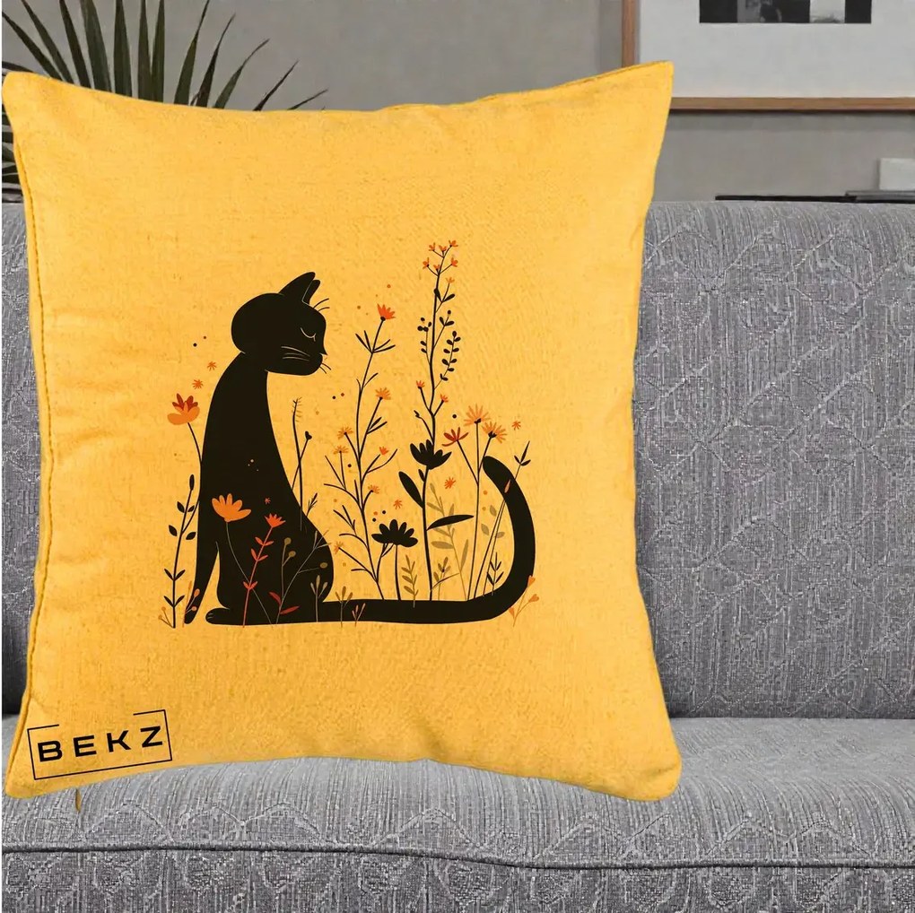 Perna Decorativa Pisica Neagra Flori Portocalii Silueta, 40x40 cm, Galben, Husa Detasabila, Perna Inclusa, BEKZ®