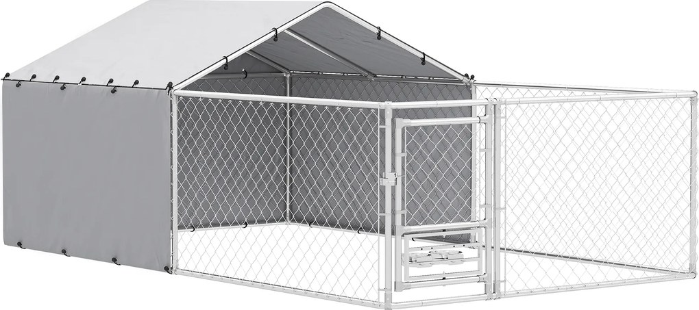 PawHut Țarc pentru Câini de Exterior cu Acoperiș Anti-UV Impermeabil și Boluri Rotative, 400x230x150 cm, Argintiu | Aosom Romania