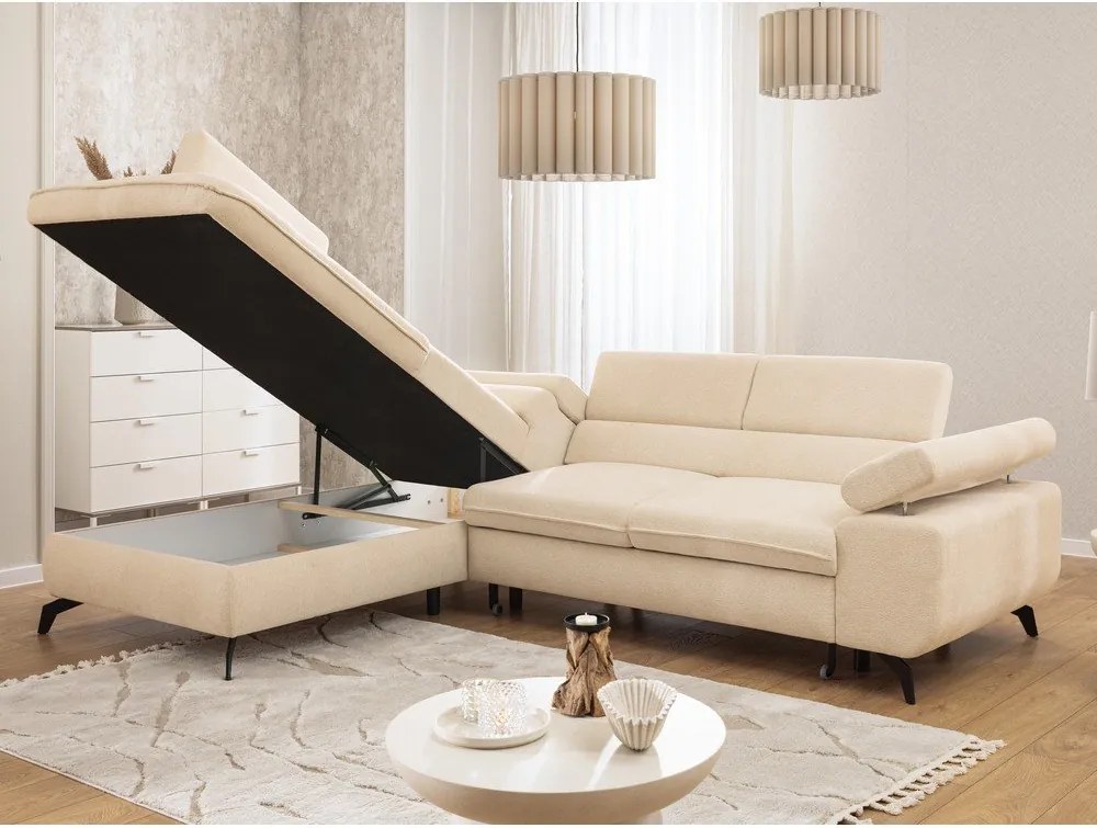 Colțar crem cu tapițerie din chenille (cu colț pe partea stângă/în formă de ”L”) Marbeya – Ropez