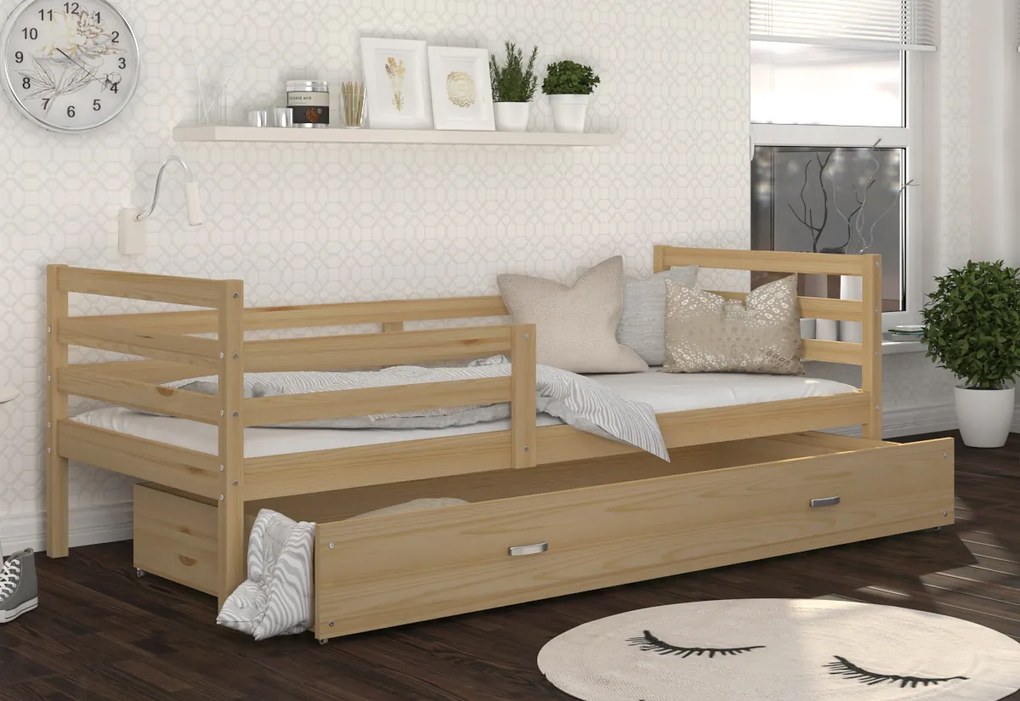Supermobel Pat din lemn pentru copii JACEK P1 + saltea + somieră GRATIS, lemn masiv, 190x80, pin