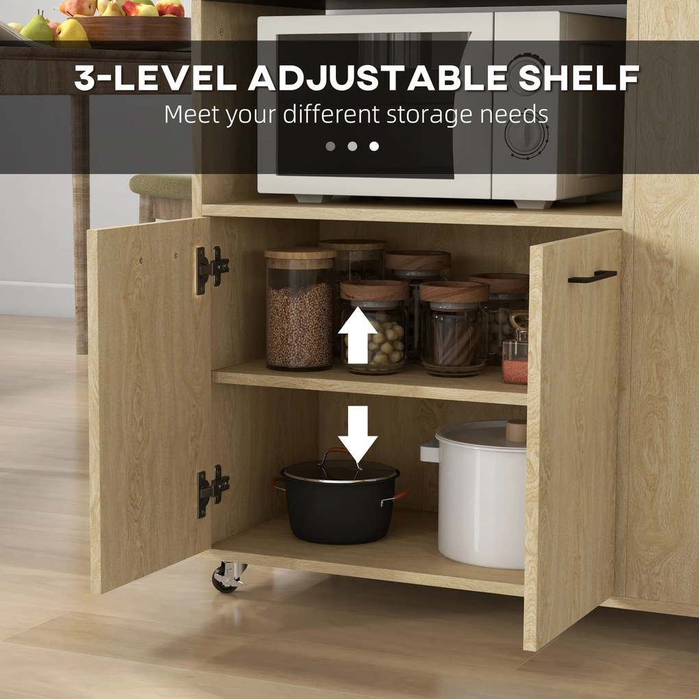 Cărucior de bucătărie din PAL cu raft deschis, dulap cu 2 uși și poliță laterală cu 2 niveluri, 75x40x80,5cm stejar și negru HOMCOM | Aosom Romania