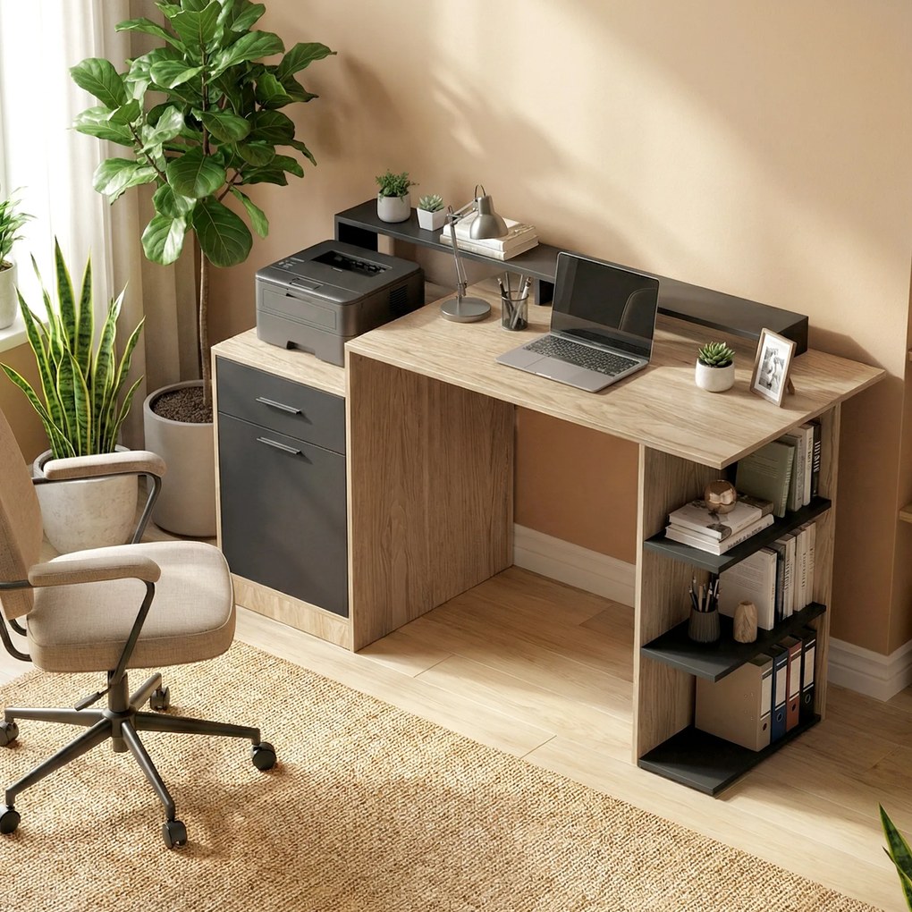 HOMCOM Masă pentru calculator cu spațiu de depozitare și rafturi, birou modern pentru birou și cameră de lucru, 140 cm, stejar | Aosom Romania