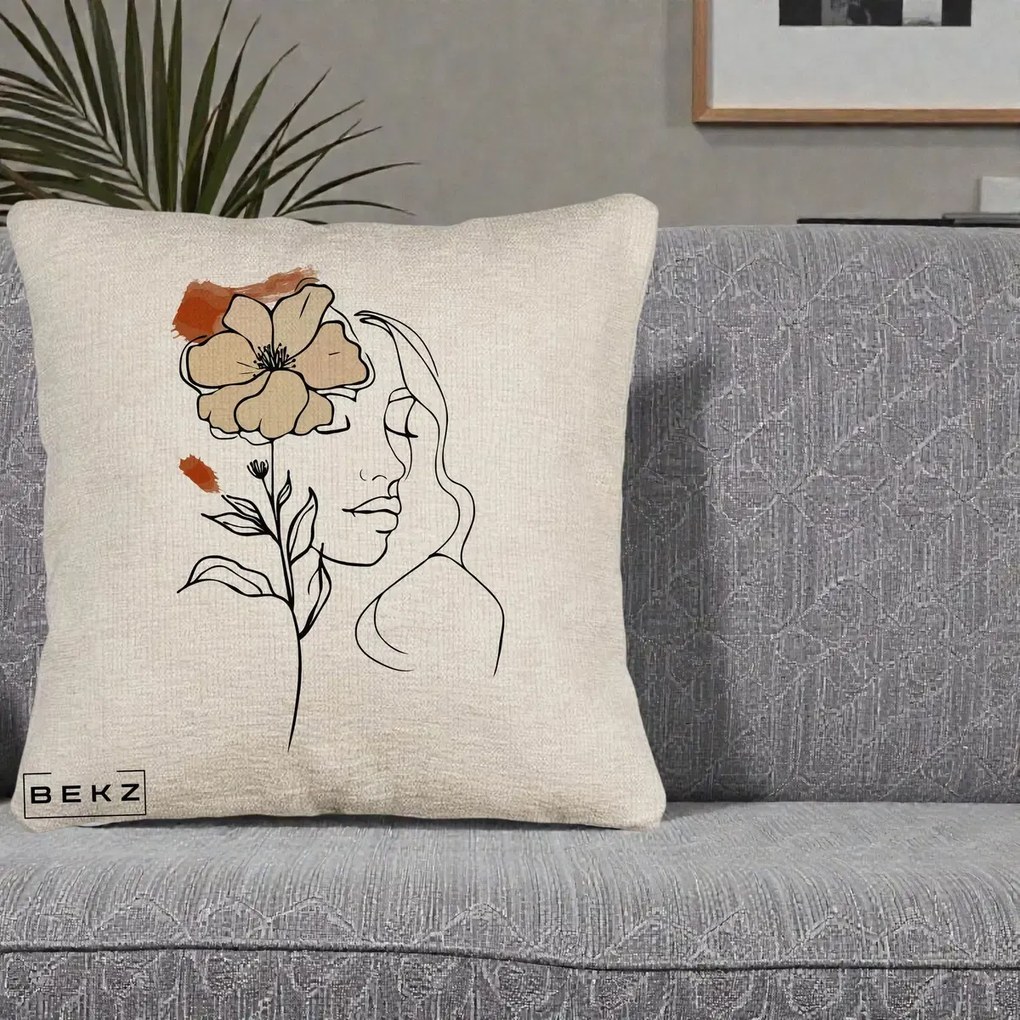 Perna Decorativa Portret Feminin Floare Bej Terracotta, 40x40 cm, Bej Canapea, Husa Detasabila, Perna Inclusa, BEKZ®