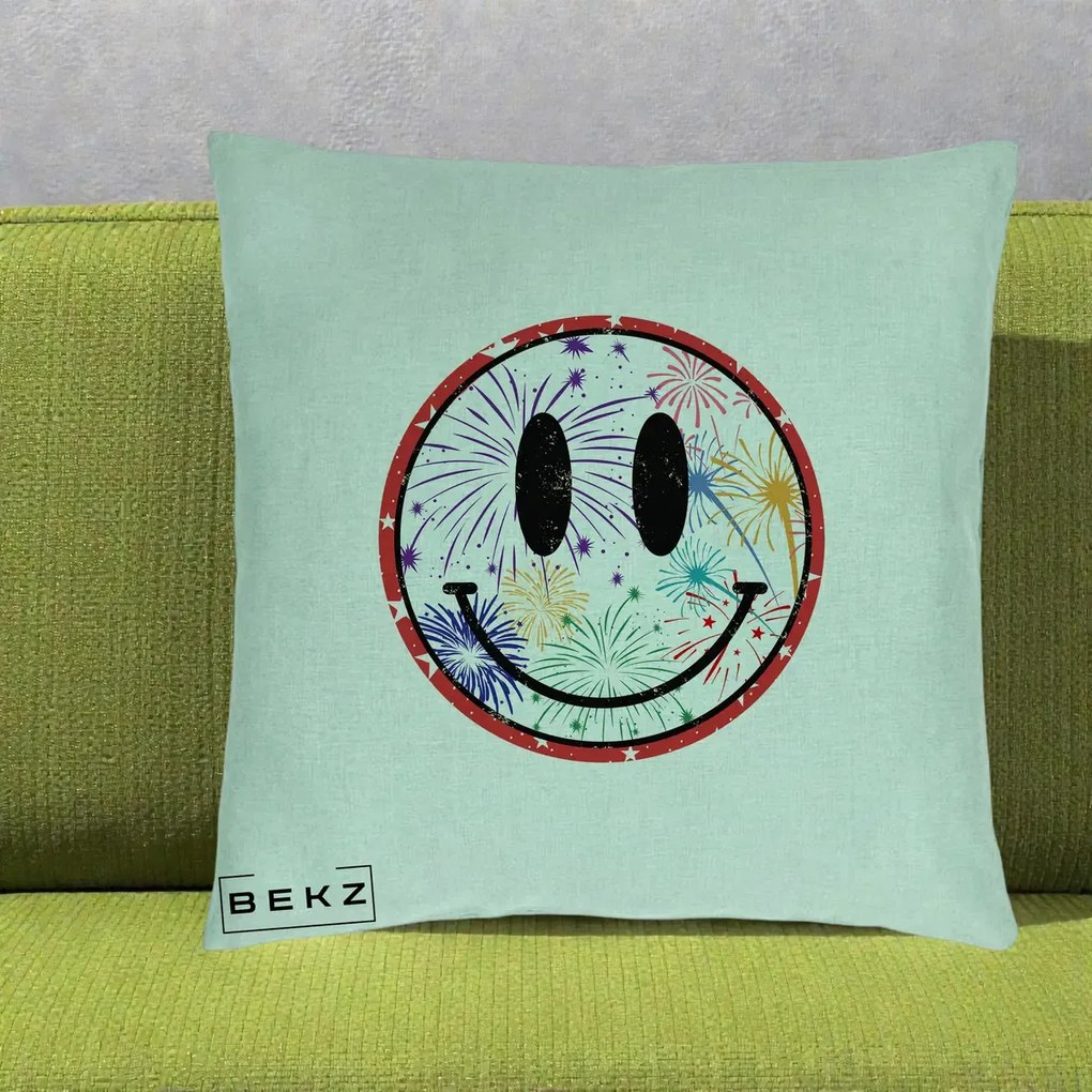 Perna decorativa Smiley Face cu Artificii Multicolore, 40x40 cm cu Umplutura, Verde Menta, BEKZ