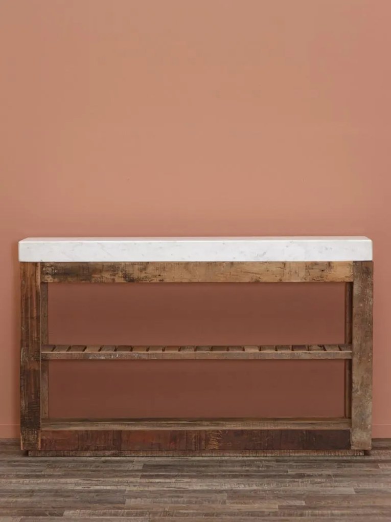 Consola din lemn reciclat si marmura, aspect rustic, Greta