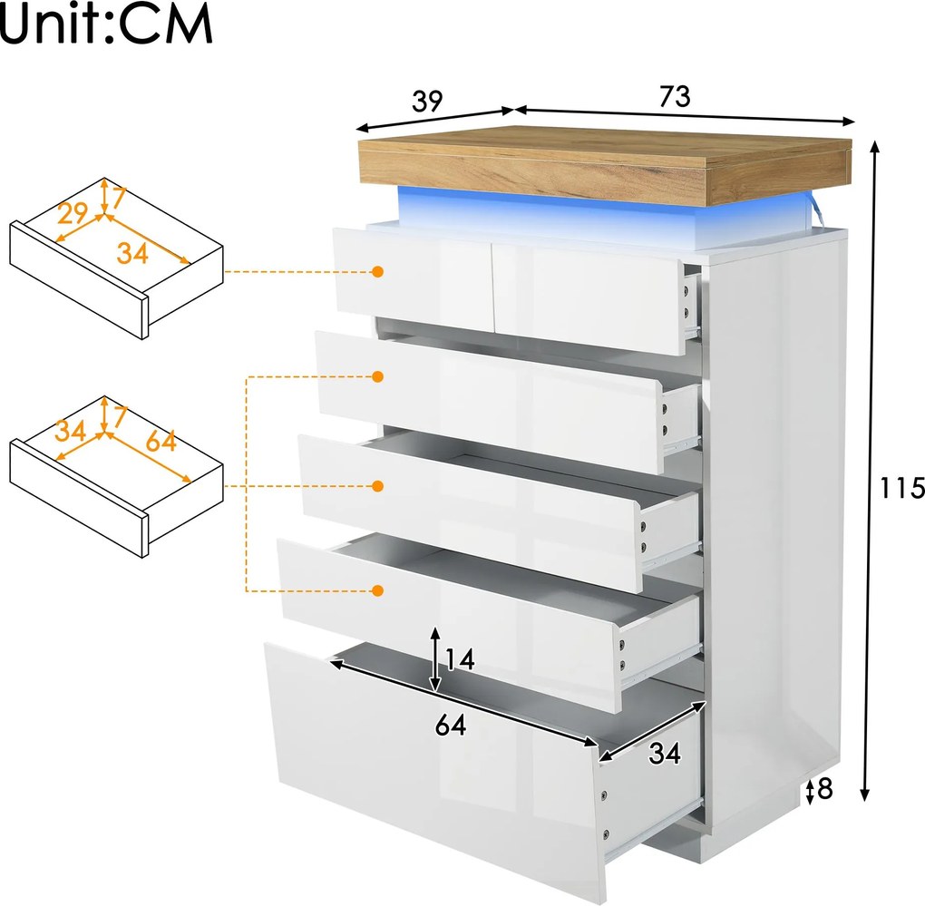 Comodă cu 6 sertare, iluminare LED, spațiu mare de depozitare, 73x39x115 cm, Alb