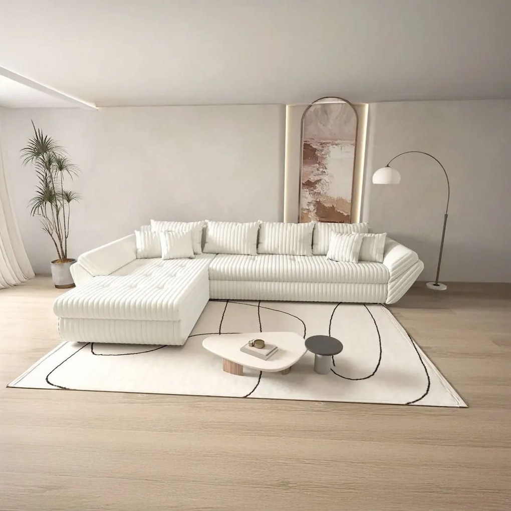 Colțar extensibil dumonde cu ladă de depozitare si sezut confortabil din spuma high-density, Loana XL Ambience Ivory 335x185 cm