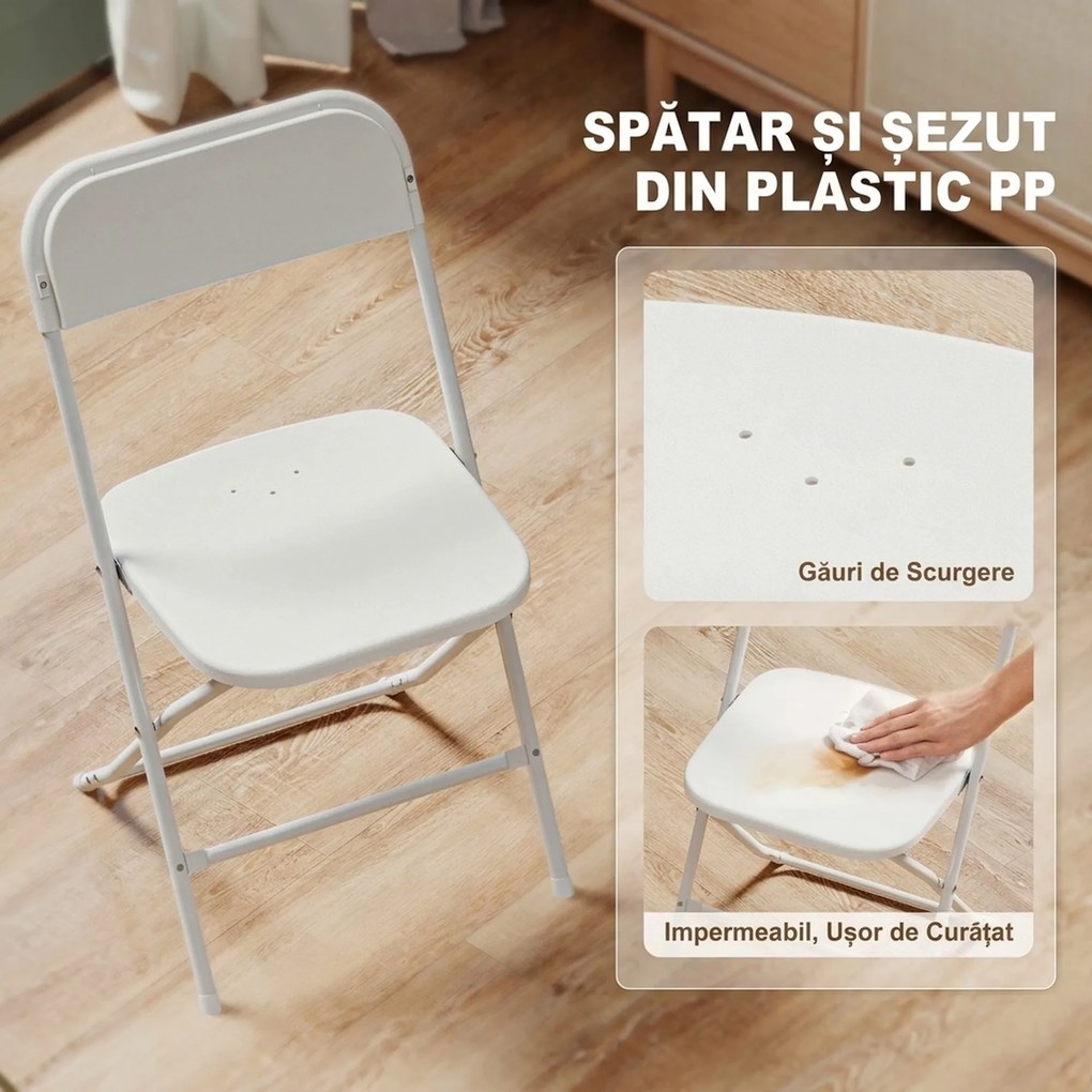 HOMCOM Set de 6 Scaune Pliabile din PP cu Orificii de Drenaj, Scaune Pliabile Salva-Spațiu Portabile din Oțel, Scaun Pliabil de Interior pentru Casă, Birou, Bucătărie, Evenimente, 45x49x79,5 cm, Alb | Aosom Romania