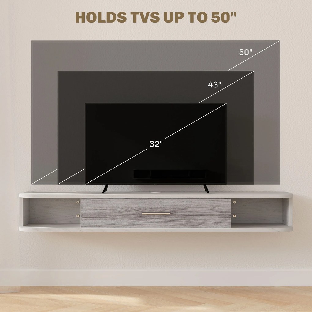 HOMCOM Mobilier TV Suspendat cu 2 Rafturi Deschise și un Dulăpior cu Ușă Rabatabilă, 120x26x16 cm, Gri | Aosom Romania