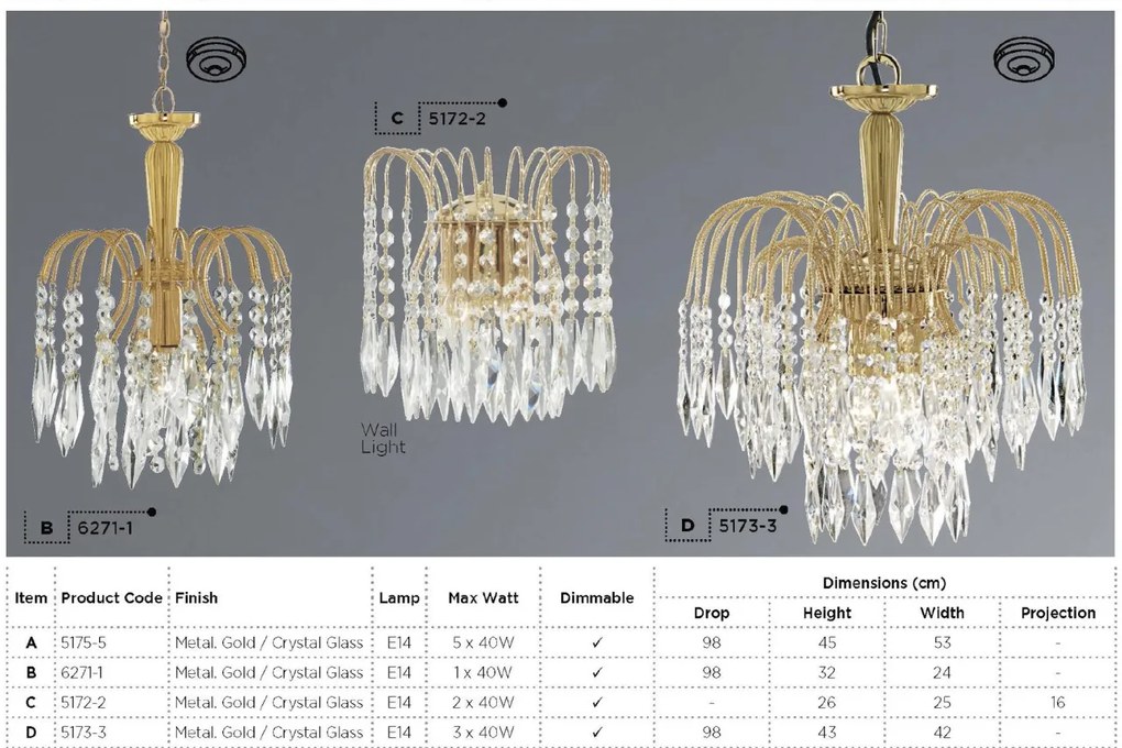 Aplica perete cristal design elegant Waterfall gold 5172-2 SRT