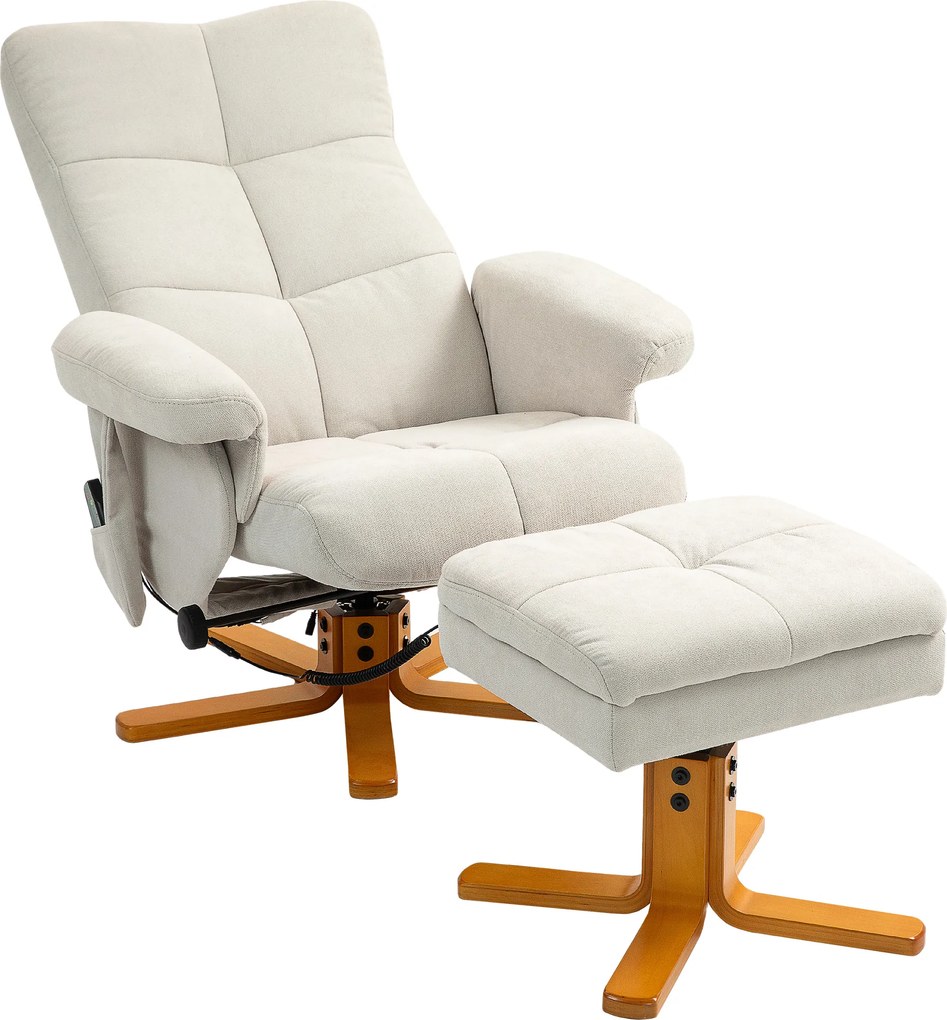 HOMCOM Fotoliu de masaj cu funcție de culcare și taburet, 145° de înclinare, Poliester, 80 x 86 x 99 cm, Crem | Aosom Romania