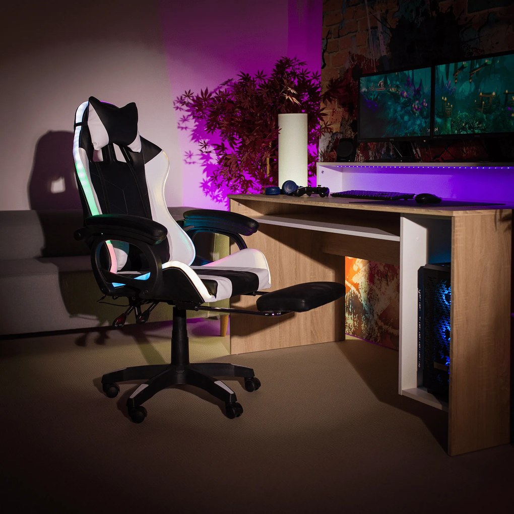 Fotoliu birou Juventa (cu RGB iluminat LED) (negru + alb). 1040136