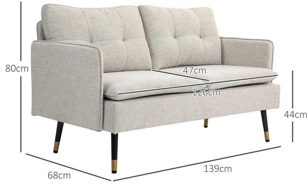 HOMCOM Divano 2 Posti in Tessuto Effetto Lino con Braccioli e Cuscini Imbottiti, Divanetto 2 Posti Moderno con Gambe in Acciaio, per Ufficio, Soggiorno, Salotto e Camera da Letto, 139x68x80 cm, Crema | Aosom Romania