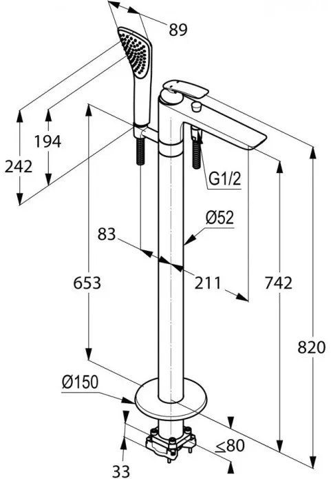 Baterie cada cu montaj pe pardoseala, Kludi Balance, cu para de dus, crom, 525900575