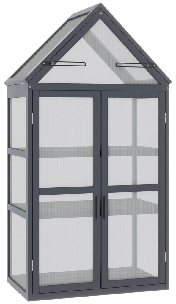 Seră mini Outsunny cu 3 nivele, sere pentru plante cu acoperiș rabatabil, uși duble din lemn, policarbonat rezistent la intemperii, natural, 70,5 x 42 x 132 cm | Aosom Romania