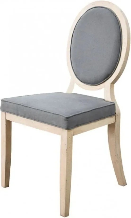 Scaun dining tapițat French Country din lemn de fag și stofă, gri, cu spătar oval medalion, finisaj patinat, 97 x 55 x 51 cm, „Medaillon”