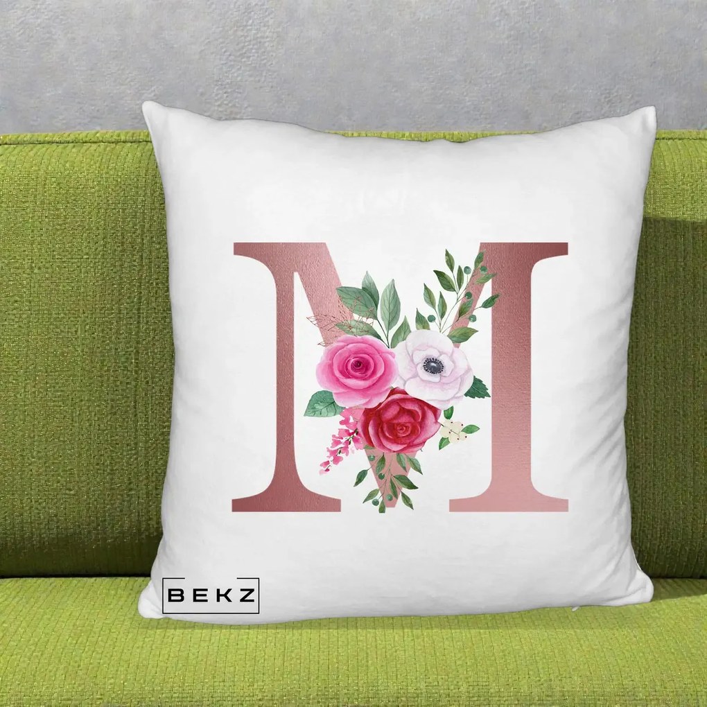 Cadou Personalizat - Perna Personalizata Monograma Rose Gold Litera M cu Trandafiri, 40x40 cm, Alb Pufos, Husa Detasabila, Perna Inclusa, BEKZ®