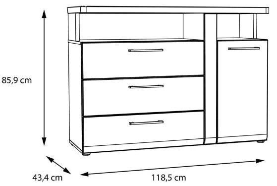 Comoda Tuberoze Negru, Stejar Catania si Negru Super Lucios, 118.5 Cm