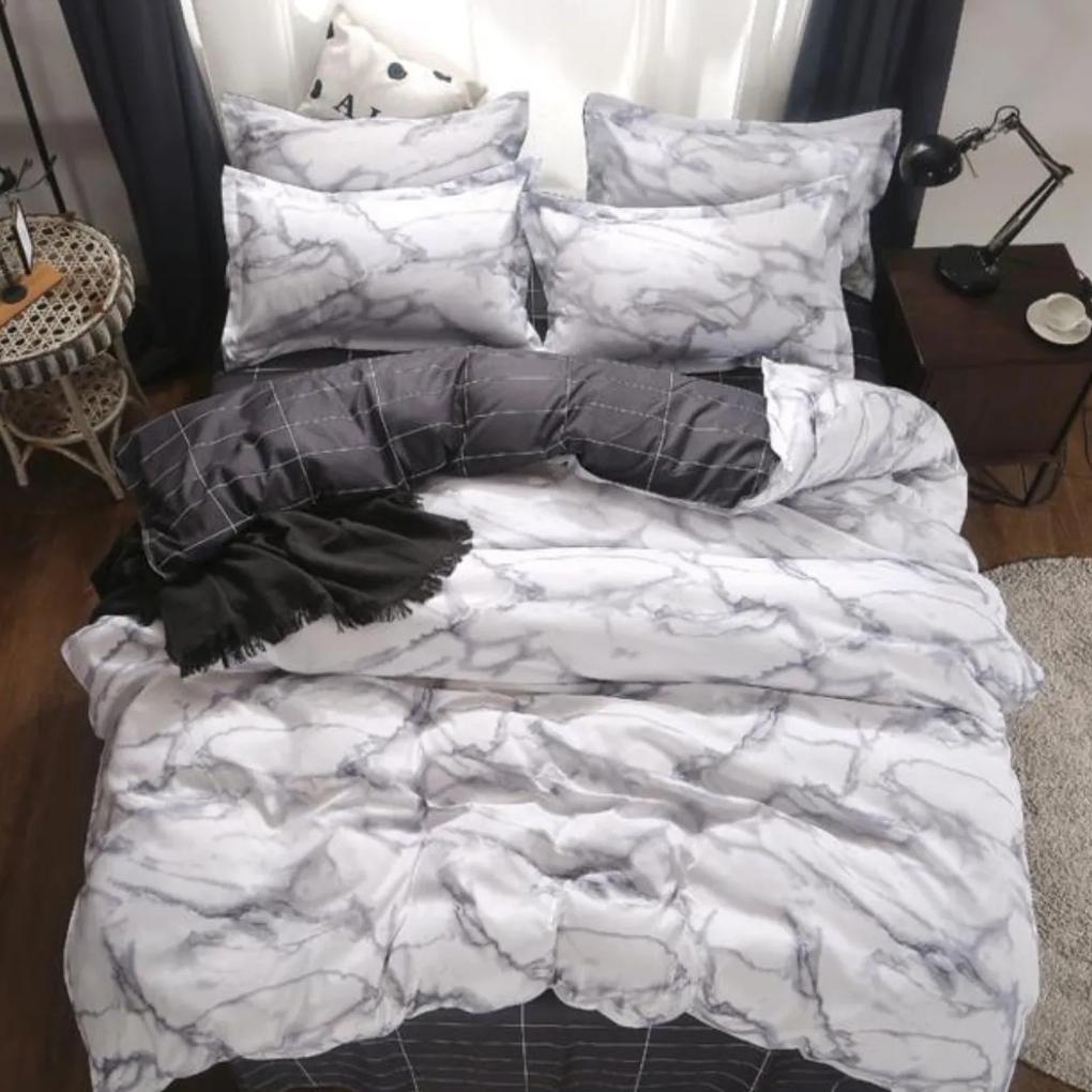 Lenjerie de pat cu 2 fete, policoton, pat 2 persoane, 4 piese, alb / gri, R4-563