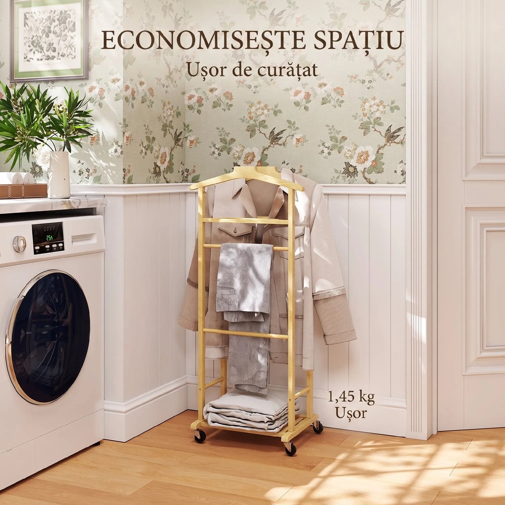 HOMCOM Suport de haine 4 în 1 pe roți din lemn de bambus, 47x33.7x105.5 cm | Aosom Romania