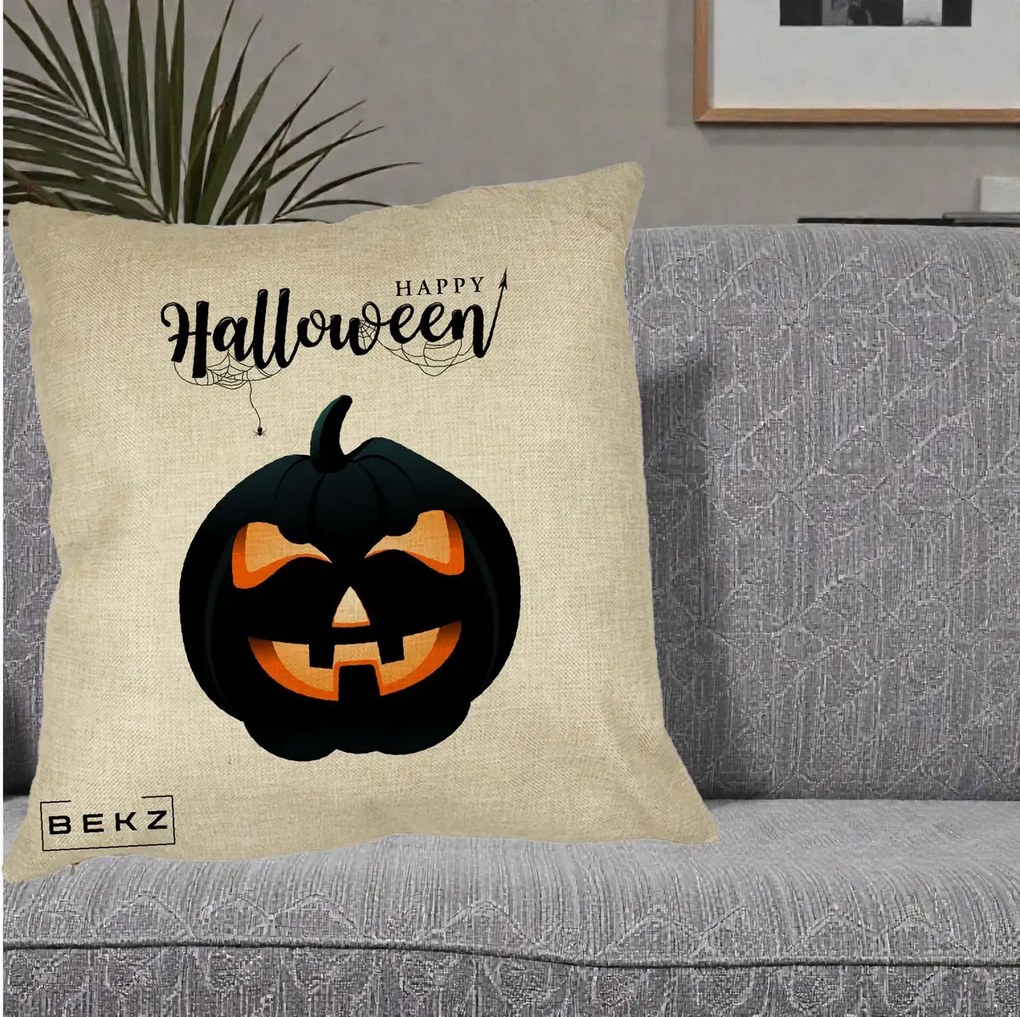 Perna Decorativa Happy Halloween Dovleac Negru cu Paianjen, 40x40 cm, Crem, Husa Detasabila, Perna Inclusa, BEKZ®
