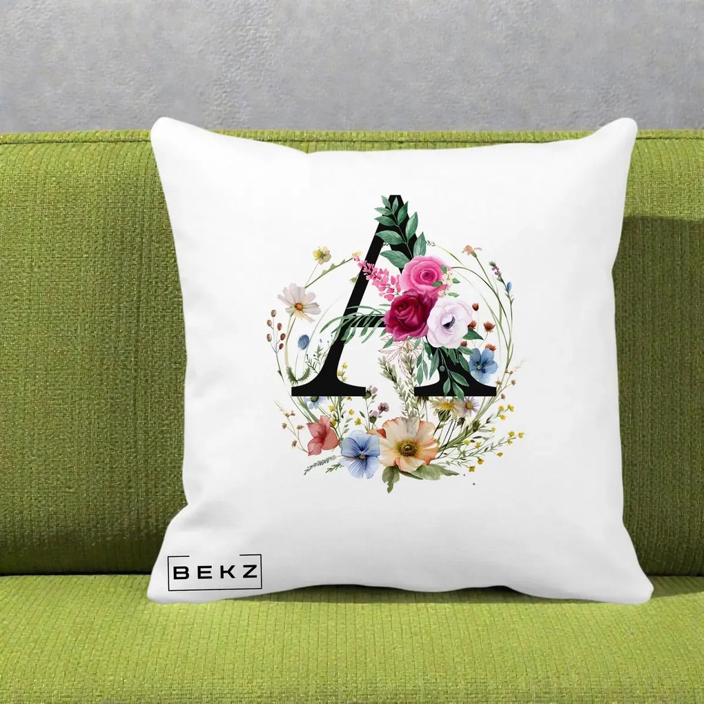 Cadou Personalizat - Perna Personalizata Monogram Litera A cu Flori Acuarela, 40x40 cm, Alba Mata, Husa Detasabila, Perna Inclusa, BEKZ®