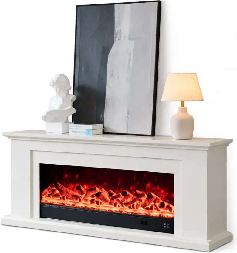 Șemineu electric cu efect LED realist cu 12 culori, Comodă TV, design elegant, control vocal și telecomandă, fără încălzire, 180 cm, Alb