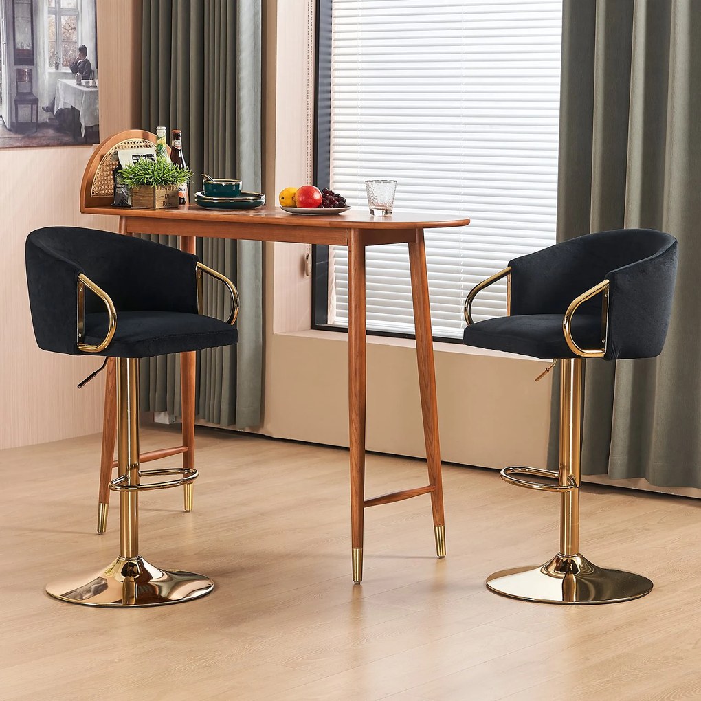 Set de 2 scaune de bar moderne, rotative și reglabile pe înălțime, cu spătar și suport pentru picioare auriu, pentru bucătărie, bar și tejghea de restaurant, Negru