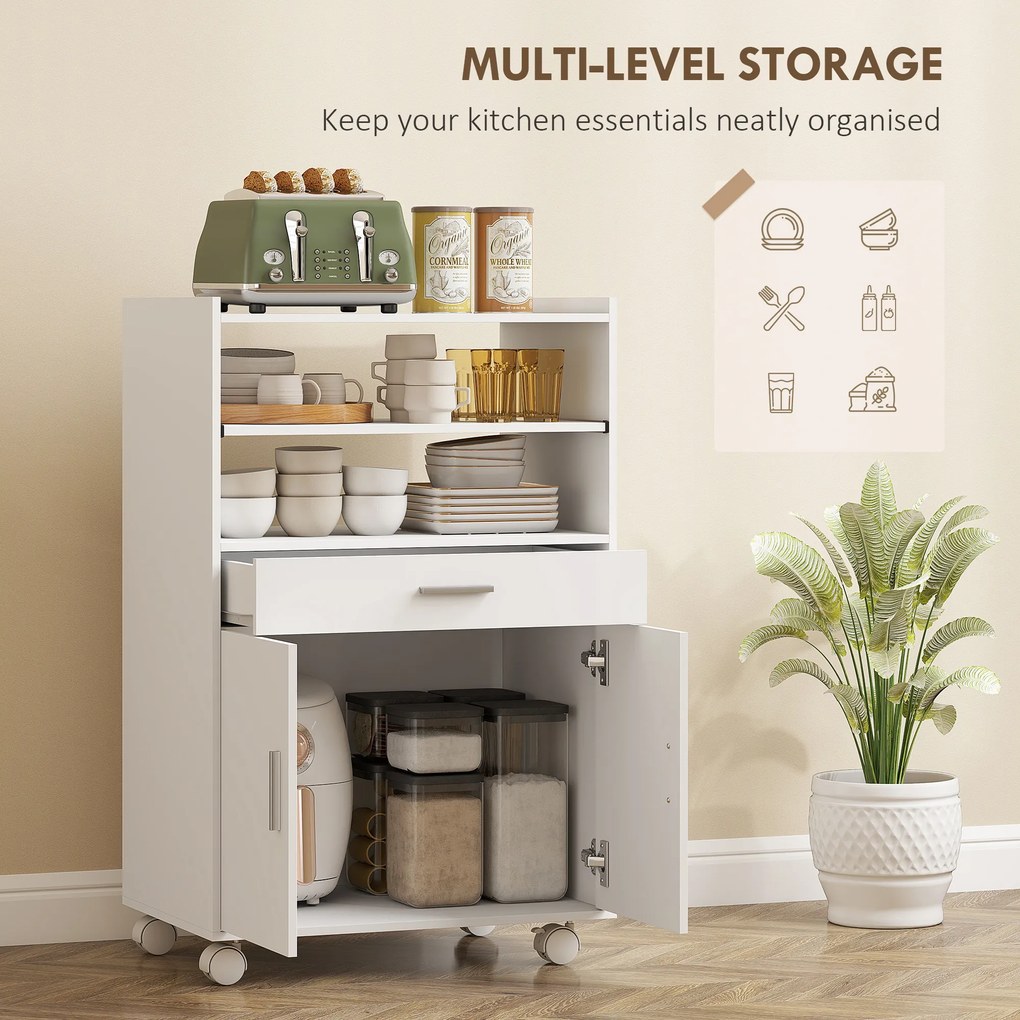 HOMCOM Dulap pentru Cuptorul cu Microunde cu Roți, Bufet de Bucătărie cu Sertar, Blat pentru Electrocasnice, Dulap cu 2 Uși, Raft Glisant și Raft Deschis, Cărucior de Bucătărie pentru Sufragerie, 59x40x92cm, Alb | Aosom Romania