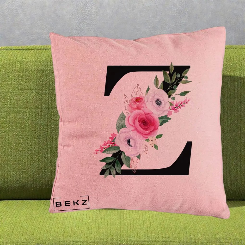 Cadou Personalizat - Perna Personalizata Monograma Florala Litera Z cu Buchet, 40x40 cm, Roz, Husa Detasabila, Perna Inclusa, BEKZ®
