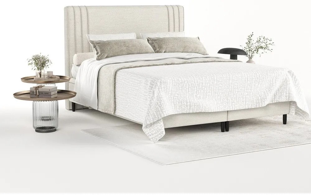 Pat matrimonial bej tapițat cu spațiu de depozitare 160x200 cm Musca – Maison de Rêve