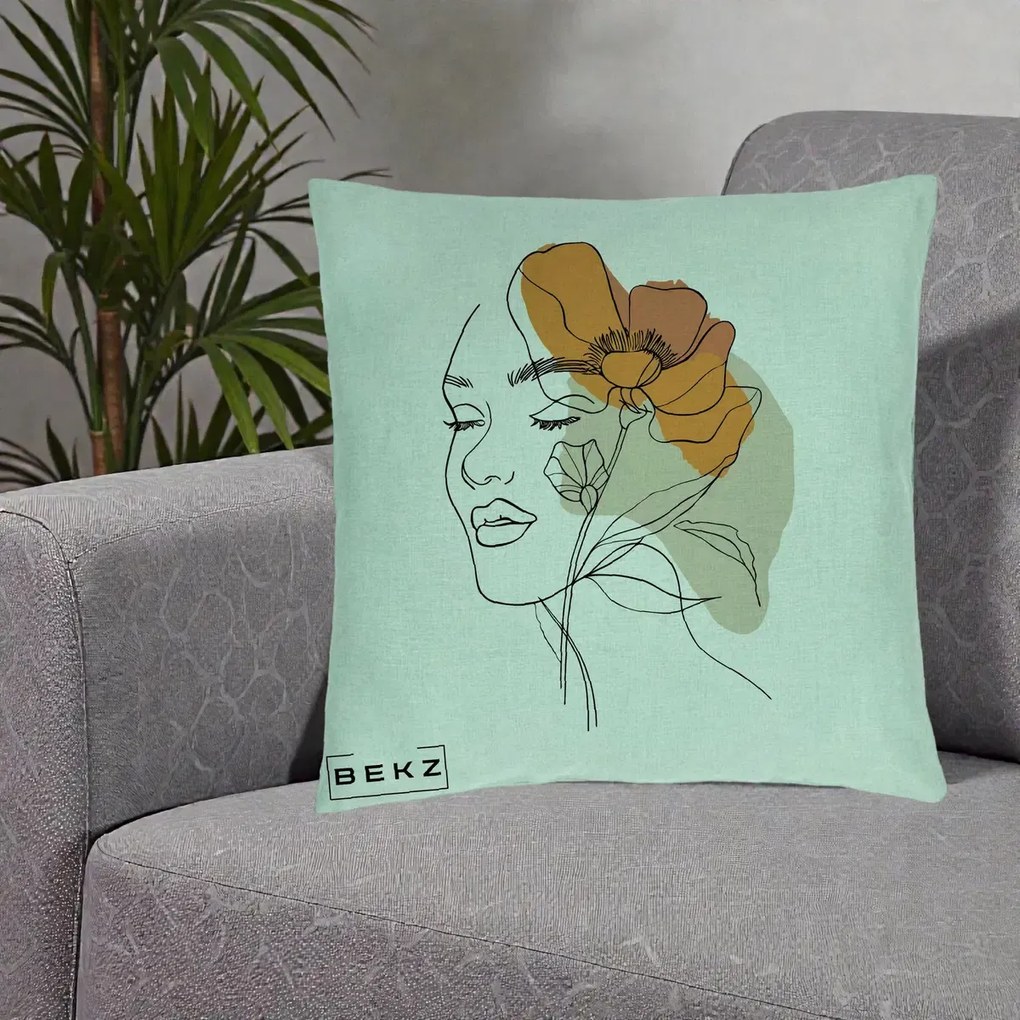 Perna Decorativa Portret Feminin Mac Mare Portocaliu, 40x40 cm, Verde Menta, Husa Detasabila, Perna Inclusa, BEKZ®