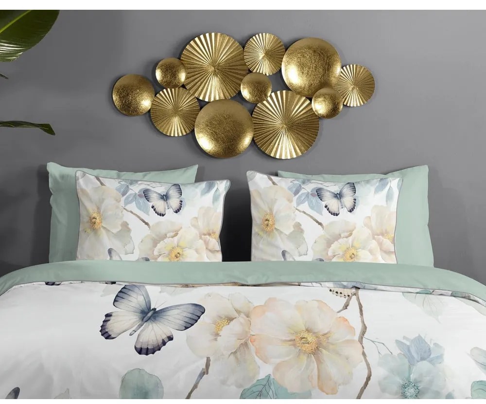 Lenjerie de pat albă-verde din bumbac satinat pentru pat de o persoană, extinsă 140x220 cm Adiwanya – Descanso