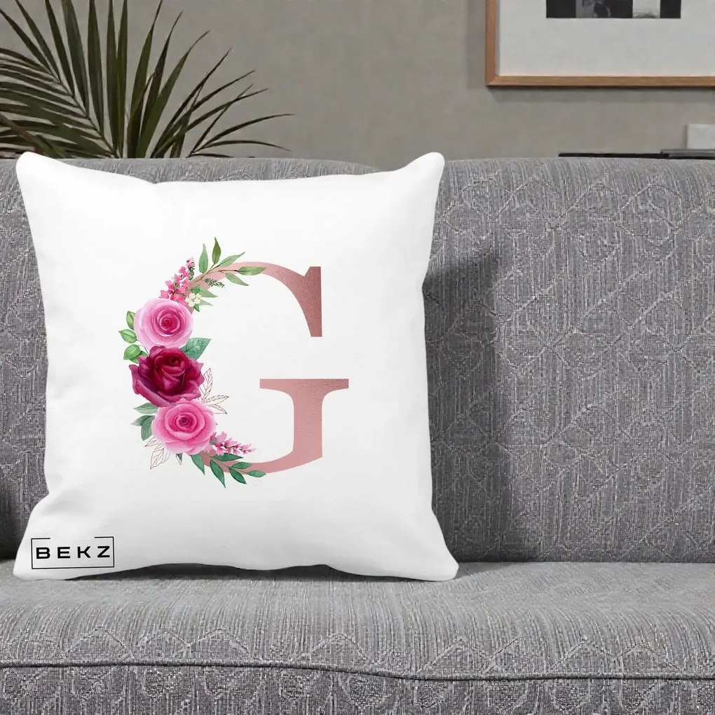 Cadou Personalizat - Perna Personalizata Monograma Rose Gold Litera G, 40x40 cm, Alba Mata, Husa Detasabila, Perna Inclusa, BEKZ®
