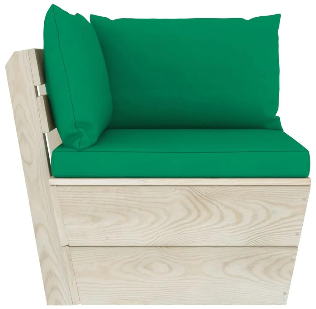 Set mobilier gradina din paleti cu perne, 5 piese, lemn molid Verde, colt + 3x mijloc + masa, 1