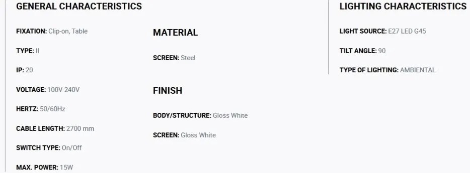 Veioza/Lampa de masa cu clips BELA alba