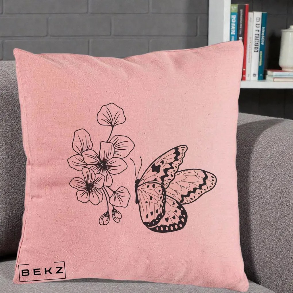 Perna Decorativa Fluture si Flori Linie Monocroma, 40x40 cm, Roz, Husa Detasabila, Perna Inclusa, BEKZ®