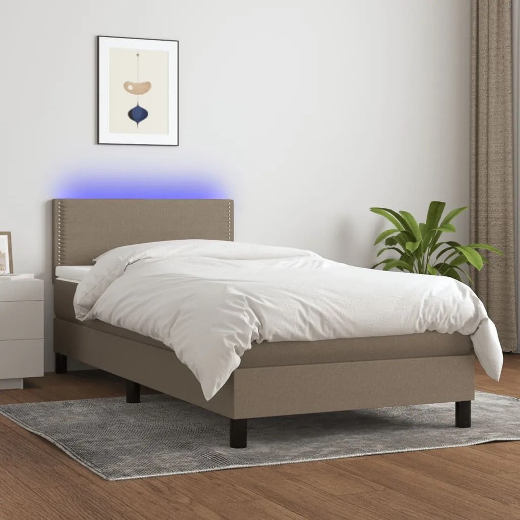 3133041 vidaXL Pat cu arcuri, saltea și LED, gri taupe, 90x190 cm, textil
