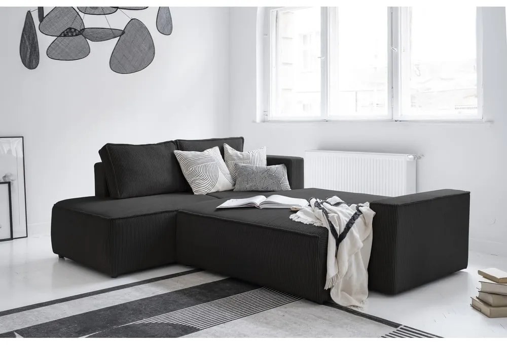 Colțar gri antracit extensibil cu tapițerie din catifea reiată (cu colț pe partea stângă ) Brave Dave – Miuform