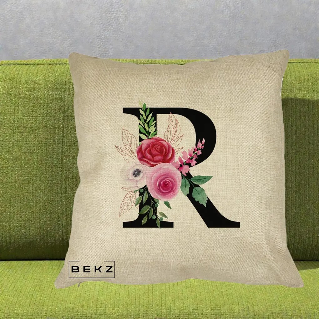Cadou Personalizat - Perna Personalizata Monograma Florala Litera R, 40x40 cm, Crem, Husa Detasabila, Perna Inclusa, BEKZ®
